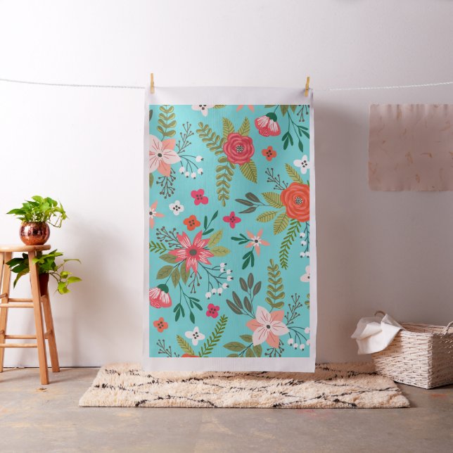 Tecido Padrão Floral Turquesa e Coral (In Situ)