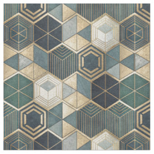 Tecido Padrão Geométrico Abstrato Azul-turquesa e Dourado
