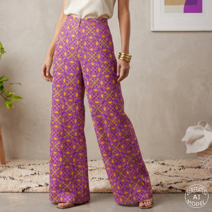 Tecido Padrão Geométrico de Azulejos Retro Roxo Rosa Lara