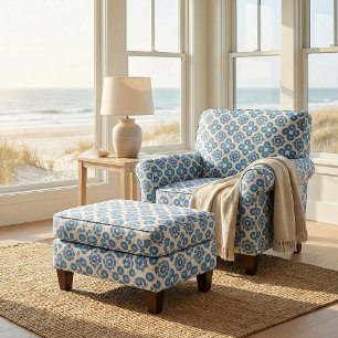 Tecido Padrão Geométrico Elegante de Azul e Branco Trendy