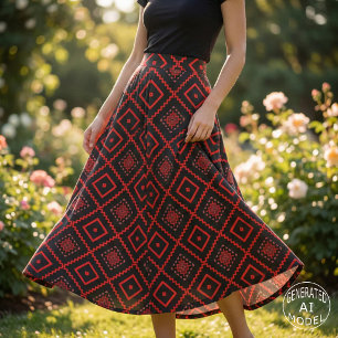Tecido Padrão Geométrico Tribal Vermelho Negro Rosa