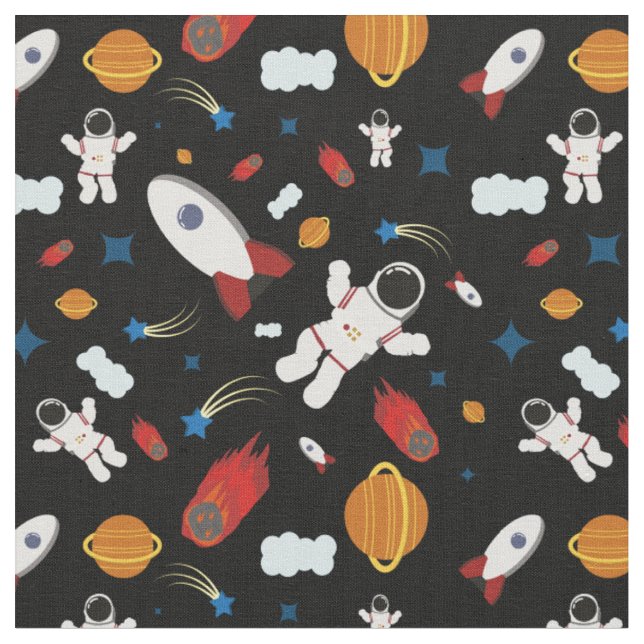 Tecido Padrão Inabalável De Espaço, Astronautas, Foguetes (Detalhe)