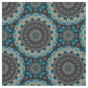 Tecido Padrão Laranja Azul-Teal Preto Mandala Boho