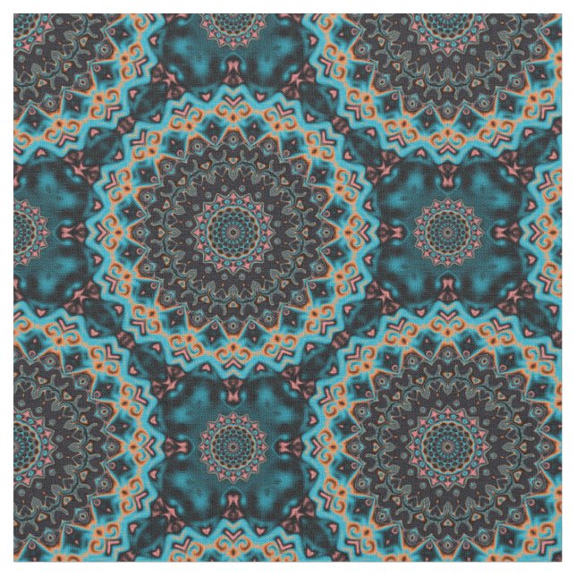 Tecido Padrão Laranja Azul-Teal Preto Mandala Boho (Detalhe)
