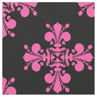 Tecido Padrão medieval Fleur de lis, cor-de-rosa e preto