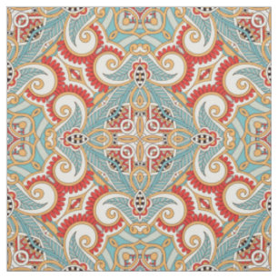 Tecido Padrão Mosaico Floral Retro Charmoso Vermelho Turq