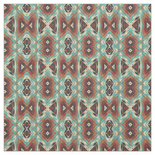 Tecido Padrão Mosaico Tribal Azul Turquesa Verde Laranja