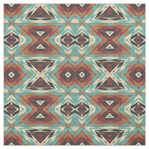 Tecido Padrão Mosaico Tribal Azul Turquesa Verde Laranja