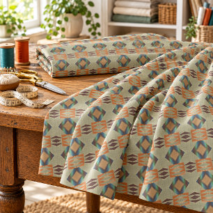 Tecido Padrão Mosaico Tribal Laranja Turquesa