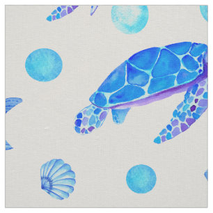 Tecido Padrão náutico de Aquarela - Tartarugas e Seashe