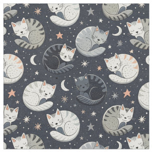Tecido Padrão Noite Estrelada com Gatos Adormecidos - Des