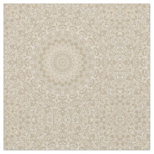 Tecido Padrão Ornamental de Mandala Bege e Branco