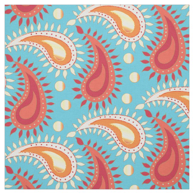 Tecido Padrão Persa Paisley Laranja Turquesa Oriental (Modelo)