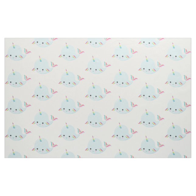 Tecido Padrão Rainbow Narwhal Kawaii no Pastel Blue (Fat Quarter)