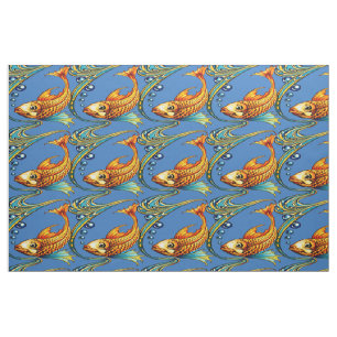 Tecido Padrão Retro Art Nouveau de Peixe Koi