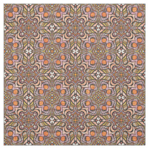 Tecido Padrão Retro Chic Nouveau Deco Verde Oliva Laranja