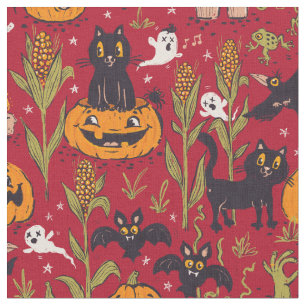 Tecido Padrão retrô de Halloween em estilo de desenho ani