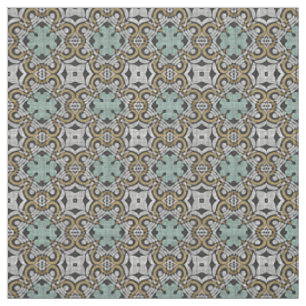 Tecido Padrão Retro Ochre Marrom Verde Cinza Novo Deco