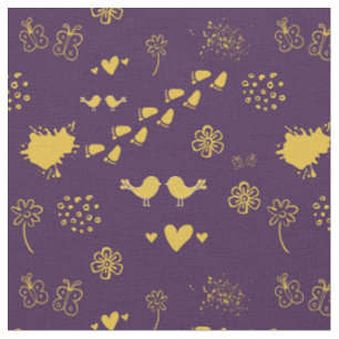 Tecido Padrão roxo e amarelo-pássaros, pontos,