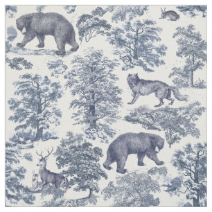 Tecido Padrões Azuis-Azuis Elegante Vintage Woodland Anim