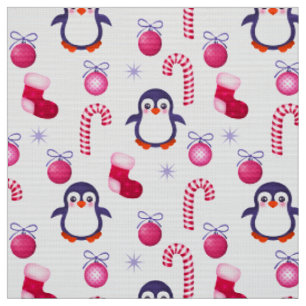 Tecido Padrões de Natal Rosa e Branco bonitos com pinguin