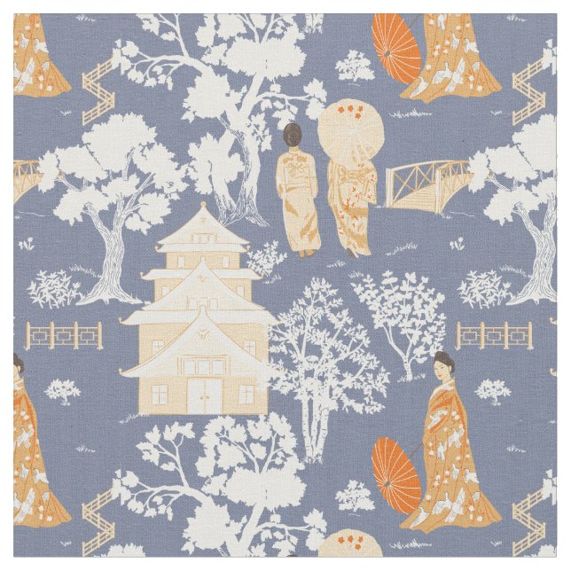 Tecido Pagodas de Chinoiserie Blue and Orange (Detalhe)