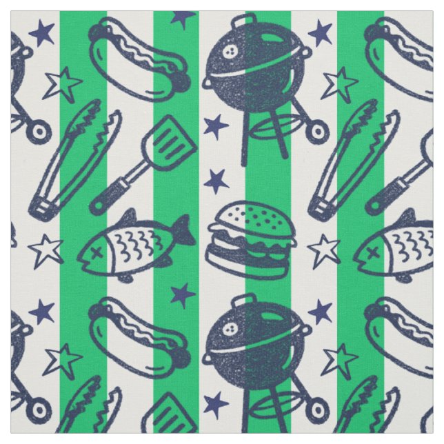 Tecido Pai Esnobe Grelhando Doodle Listra - Verde & Azul  (Modelo)