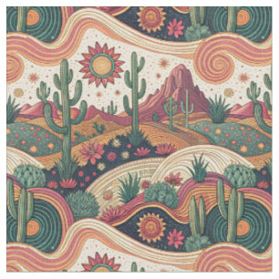 Tecido Paisagem do Deserto do Cacto Psicodélico Retro Pôr