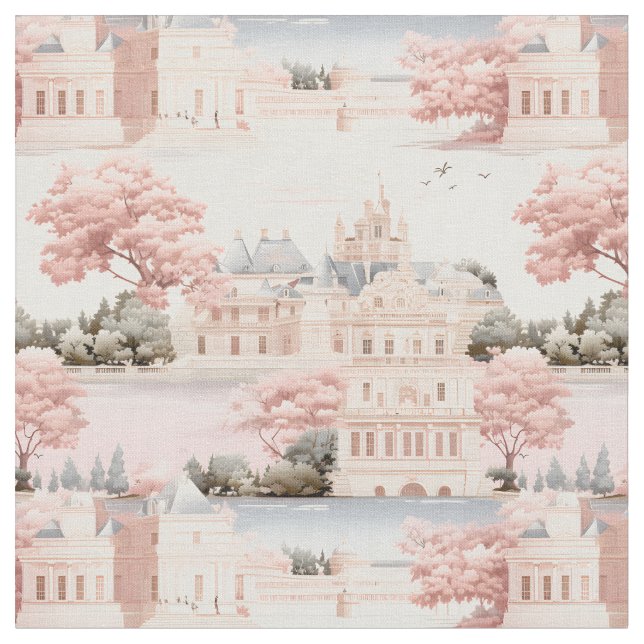 Tecido Paisagem Rosa, Azul e Marfim (Detalhe)