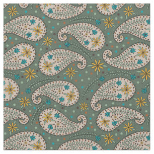 Tecido Paisley Patterin in Yellow Peacock Blue Sage Green