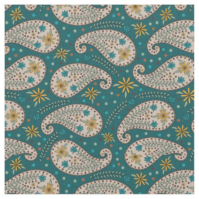 Tecido Paisley Pattern in Yellow | Azul | Greige em Teal (Detalhe)