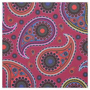 Tecido Paisley Persa Oriental, Pontos - Rosa Azul Vermelh