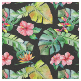 Tecido Palma De Hibiscus Tropical Deixa Padrão Negro