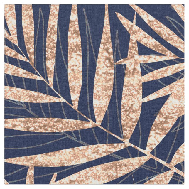 Tecido Palma tropical Dourada elegante deixa Design azul (Detalhe)