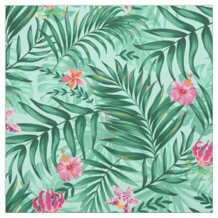 Tecido Palma tropical e folhas de monstera e flores exóti