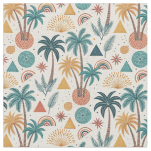 Tecido Palmeira Tropical Retro e Padrão de Sol Geométrico