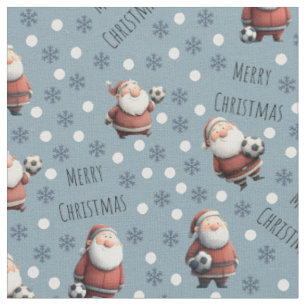 Tecido Papai Noel do Futebol sobre Azul Pedra
