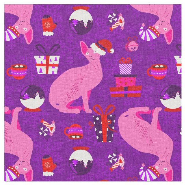 Tecido papais noeis de gato sphynx de natal rosa (Detalhe)