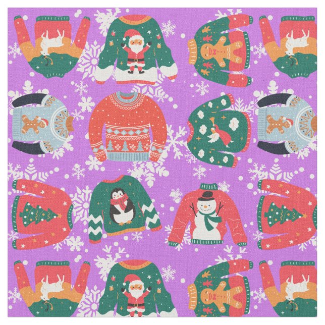 Tecido Papais noeis festivos de suéter roxo de Natal (Detalhe)