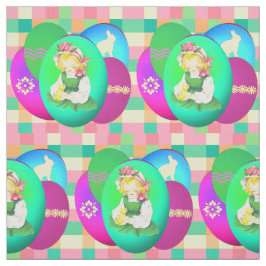 Tecido Páscoa Vintage Girl Com Ovos De Páscoa Na Xadrez