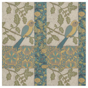 Tecido Pássaro Amarelo e Azul Teal Empoleirado em uma ra