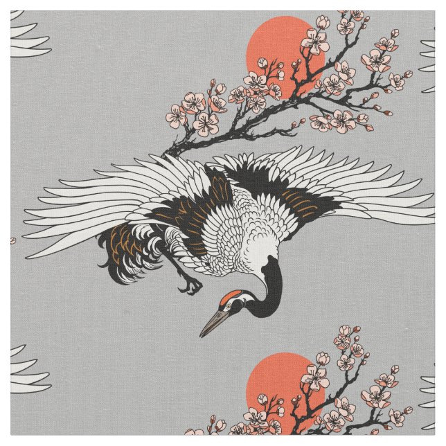 Tecido Pássaro de guindaste japonês e sakura florescente (Detalhe)
