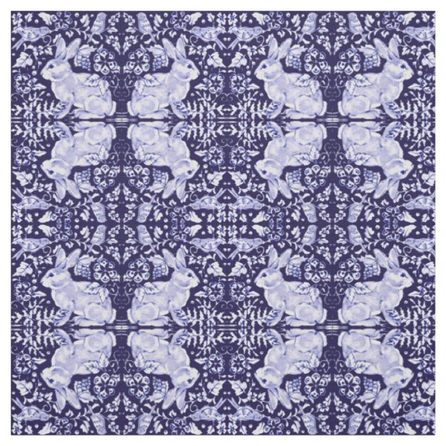 Tecido Pássaro Pequeno Coelho Branco e Azul Escuro Impres (Modelo)