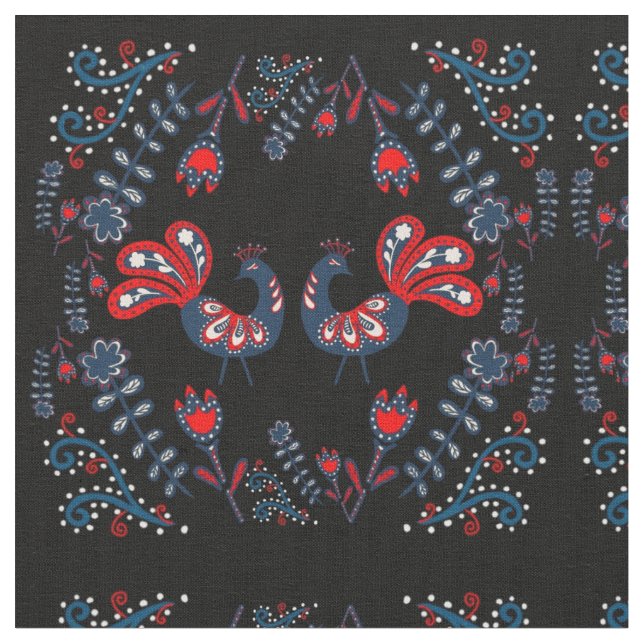 Tecido Pássaros de Arte Folclórica Escandinavos Monograma (Detalhe)