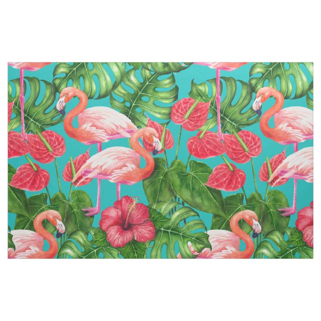 Tecido Pássaros Flamingo e aquarela de jardim tropical (Fat Quarter)