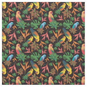 Tecido Pássaros Tropicais Padrão Floral Negro