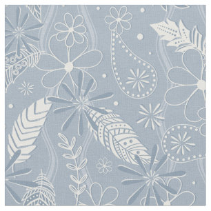 Tecido pasta azul-poeirenta penas flores estampas
