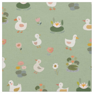 Tecido Patos & Folhas de Lótus em Verde Claro