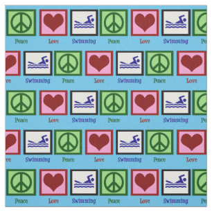 Tecido Peace Love Nadando Natação Azul