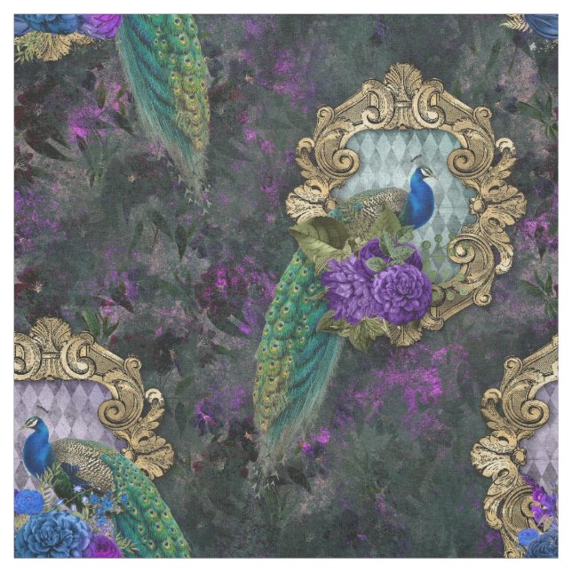 Tecido Peacock, Flores e Quadro Dourado (Modelo)